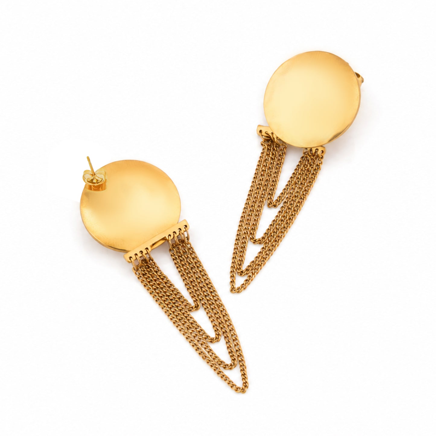 Disc & Chain Tassel earrings side view – gold tassel earrings by Twisty Locks