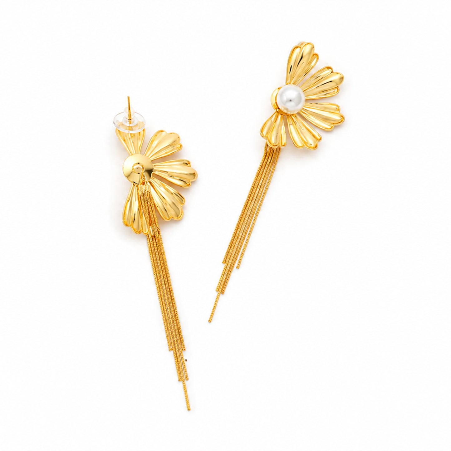 Flower Pearl Chain Tassel earrings side view – gold tassel earrings by Twisty Locks