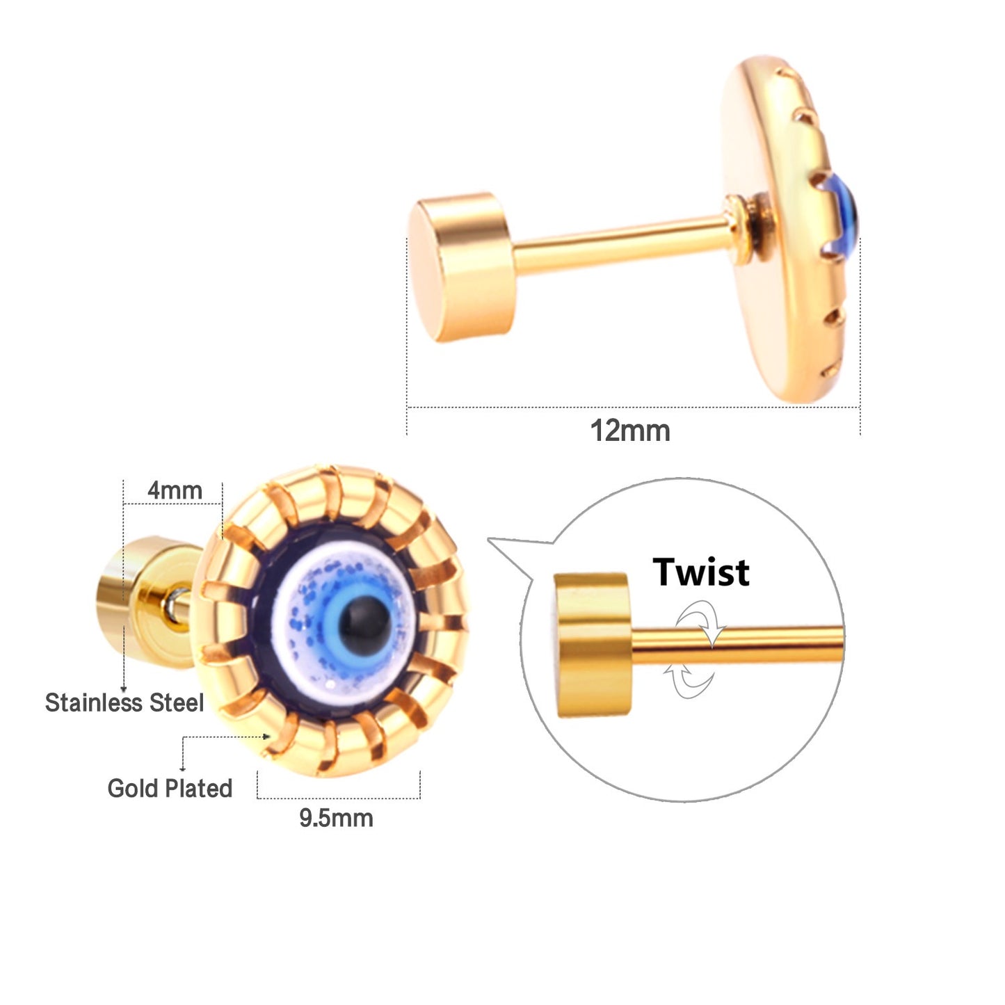 Cute Evil Eye 18K Gold Plated Children's Earrings - Twisty Locks - Kids and Women Hair Accessories, Fashion Clothing and Jewellery India