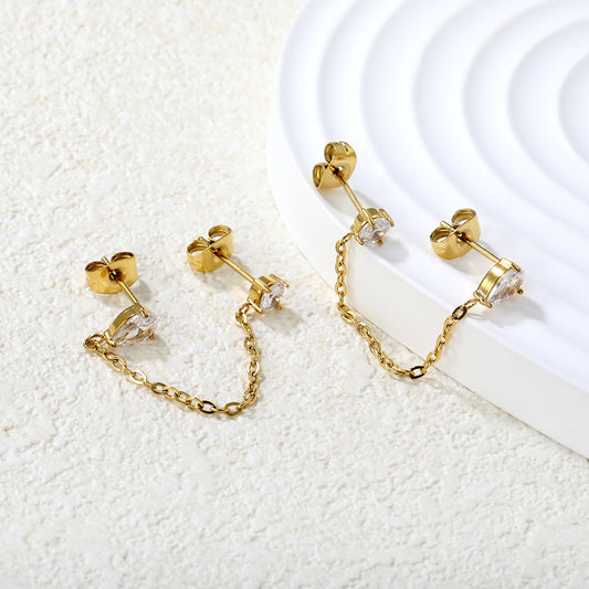 Double CZ Chain-Link Stud earrings close-up – anti-tarnish gold earrings by Twisty Locks
