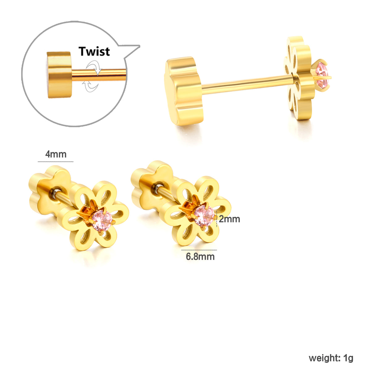 Pink Diamond Flower children's earrings close-up – poke free kids earrings by Twisty Locks