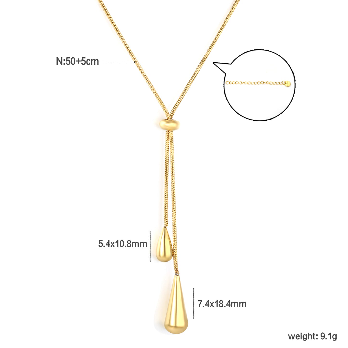 Double Teardrop Lariat necklace detail – women's gold jewellery by Twisty Locks