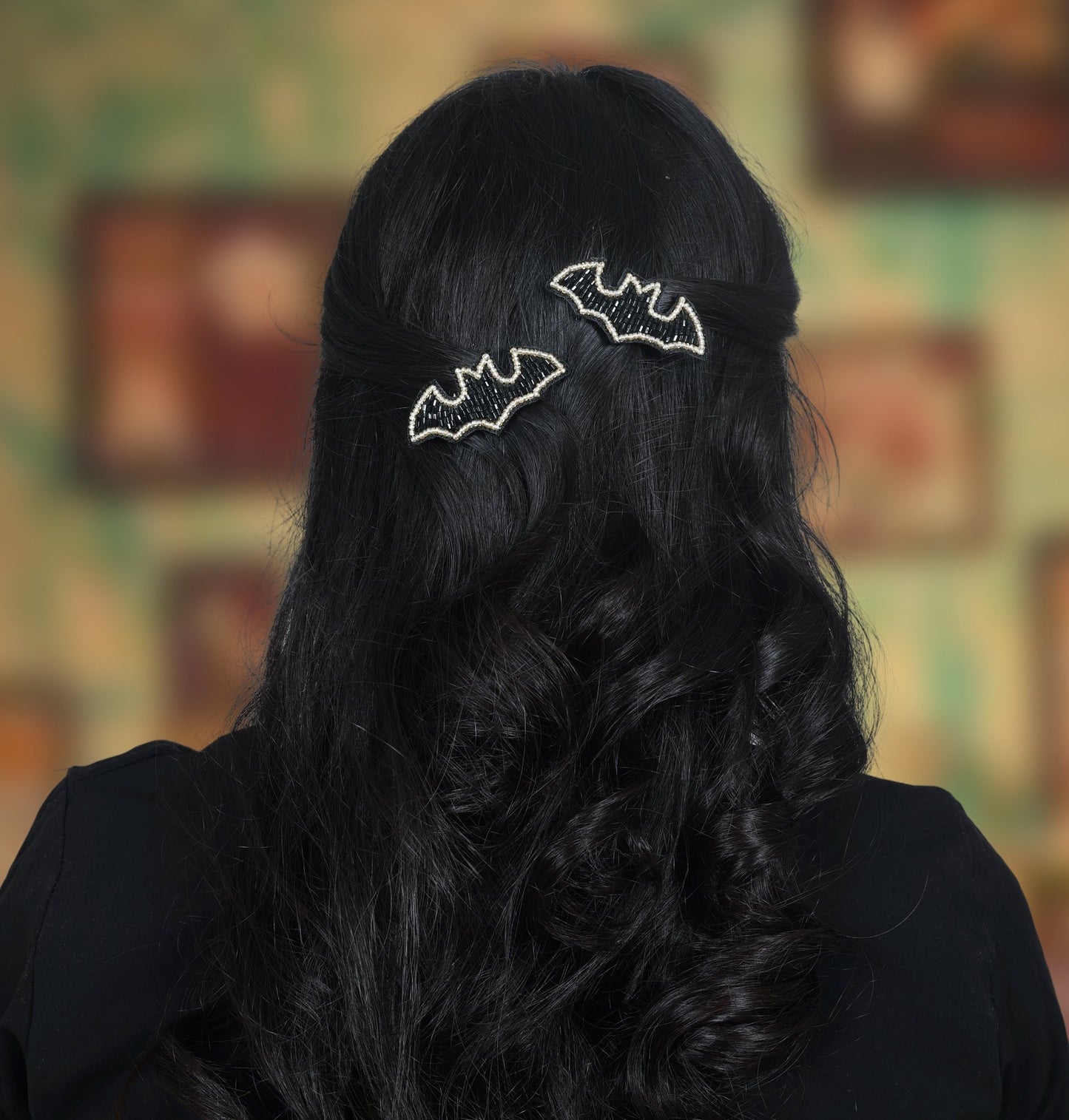 Black Bat Embroidered Hair Clips - Twisty Locks - Kids and Women Hair Accessories, Fashion Clothing and Jewellery India