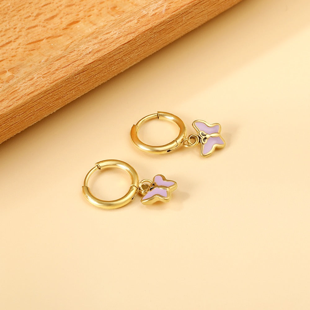 Butterfly Hoops gold earrings angled view – skin safe kids jewellery by Twisty Locks