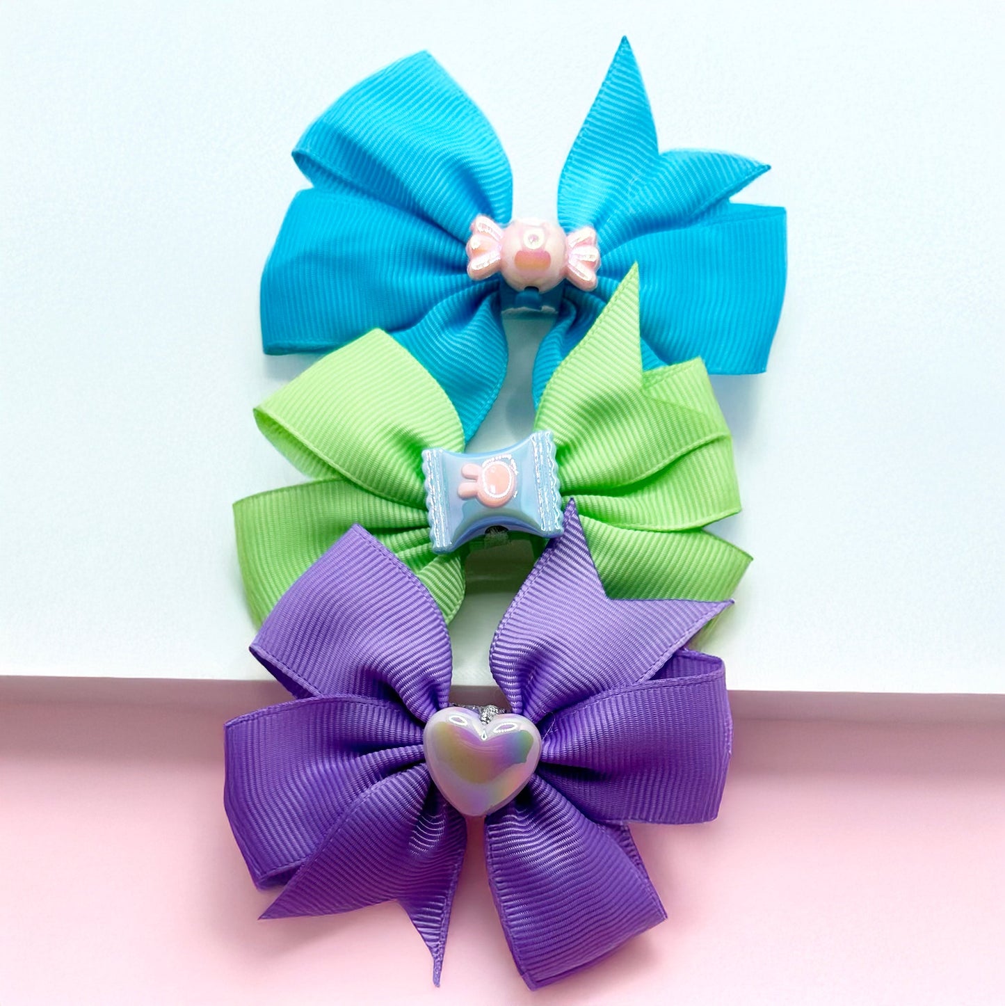 Candy Charms Bow Set – Blue, Green & Lavender Set of 3 - Twisty Locks - Kids and Women Hair Accessories, Fashion Clothing and Jewellery India
