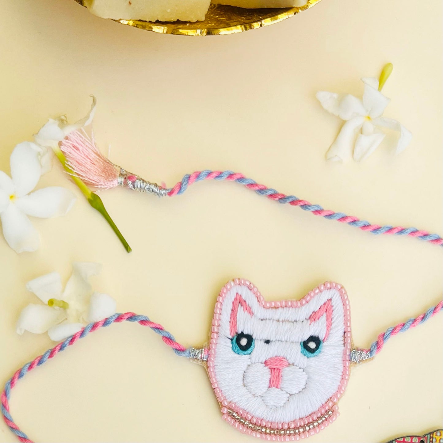 Cat Embroidered Rakhi with Roli & Chawal - Pink - Twisty Locks - Kids Hair Accessories India