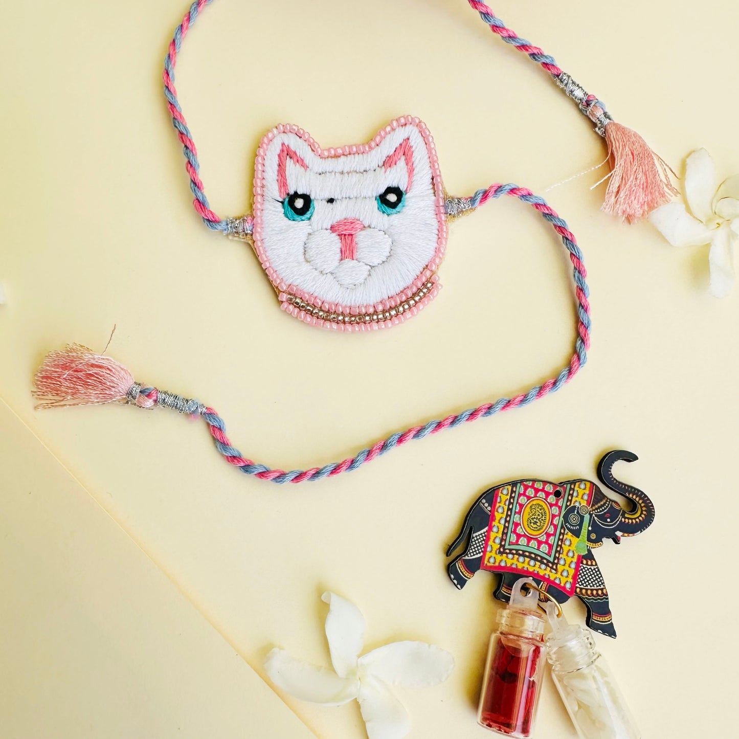 Cat Embroidered Rakhi with Roli & Chawal - Pink - Twisty Locks - Kids Hair Accessories India
