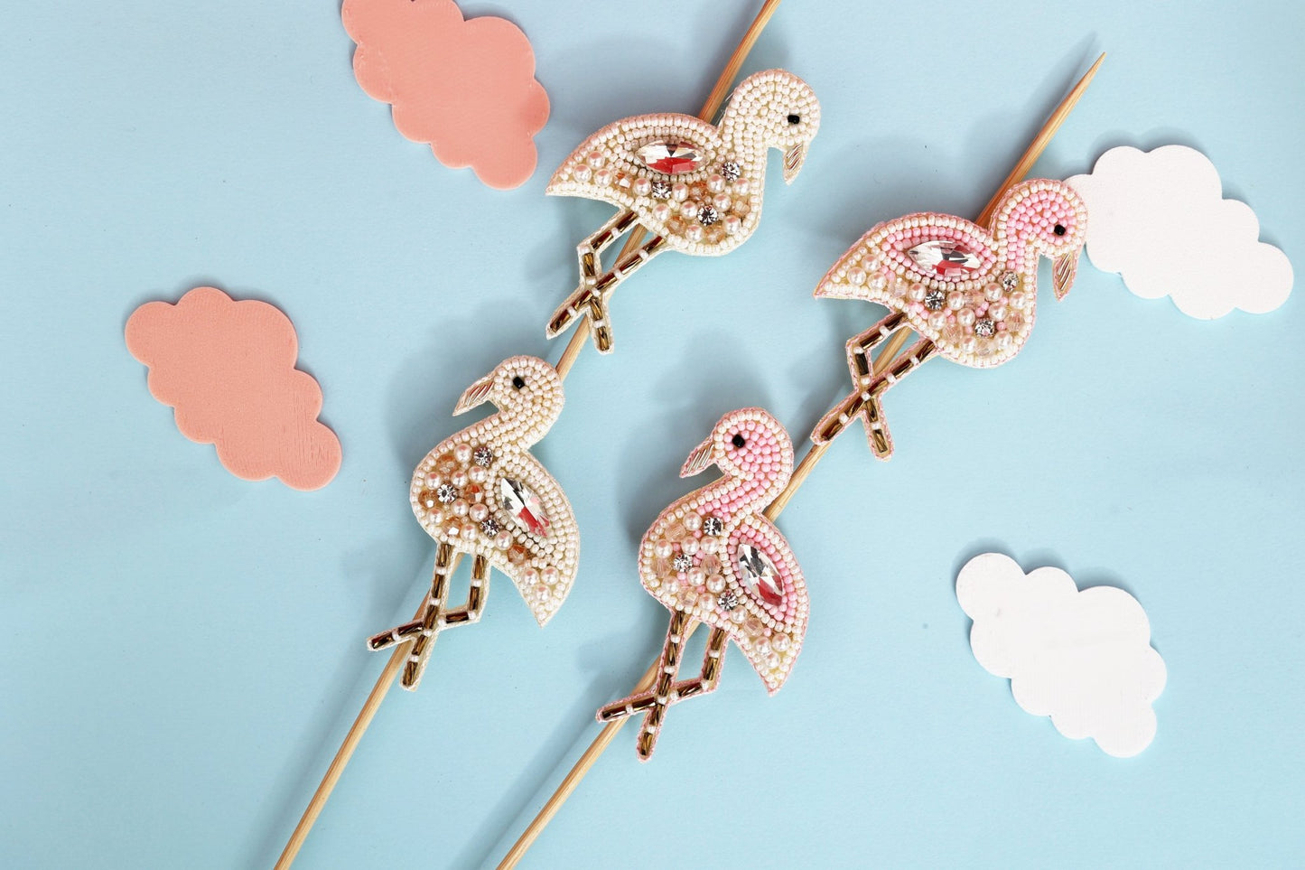 Cream White Flamingo Embroidered Hair Clips Set - Twisty Locks - Kids and Women Hair Accessories, Fashion Clothing and Jewellery India