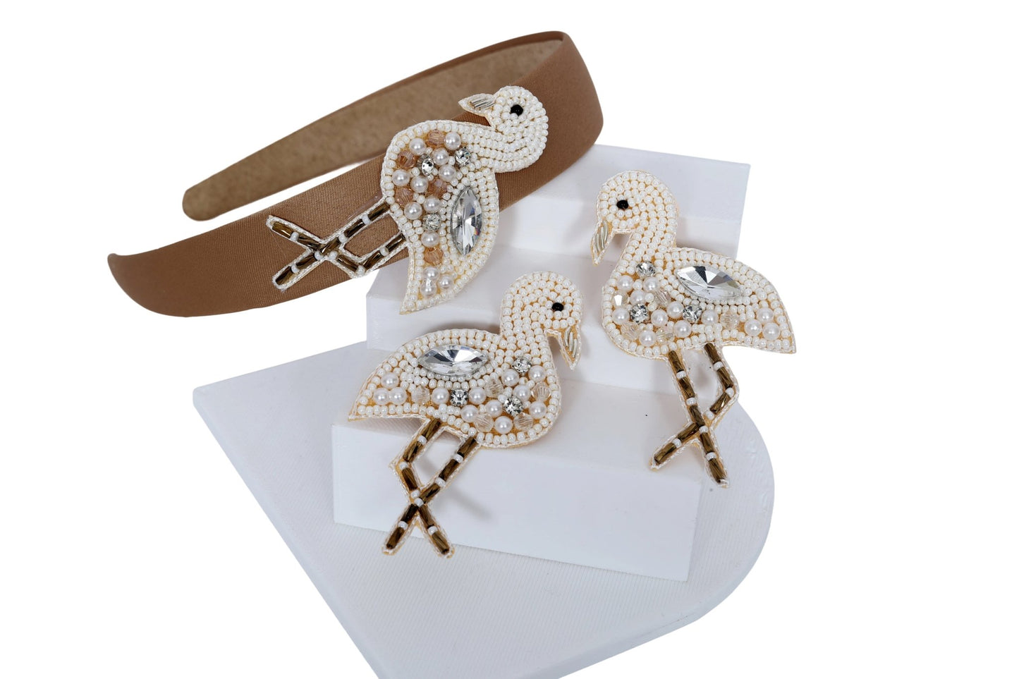 Cream White Flamingo Embroidered Hair Clips Set - Twisty Locks - Kids and Women Hair Accessories, Fashion Clothing and Jewellery India