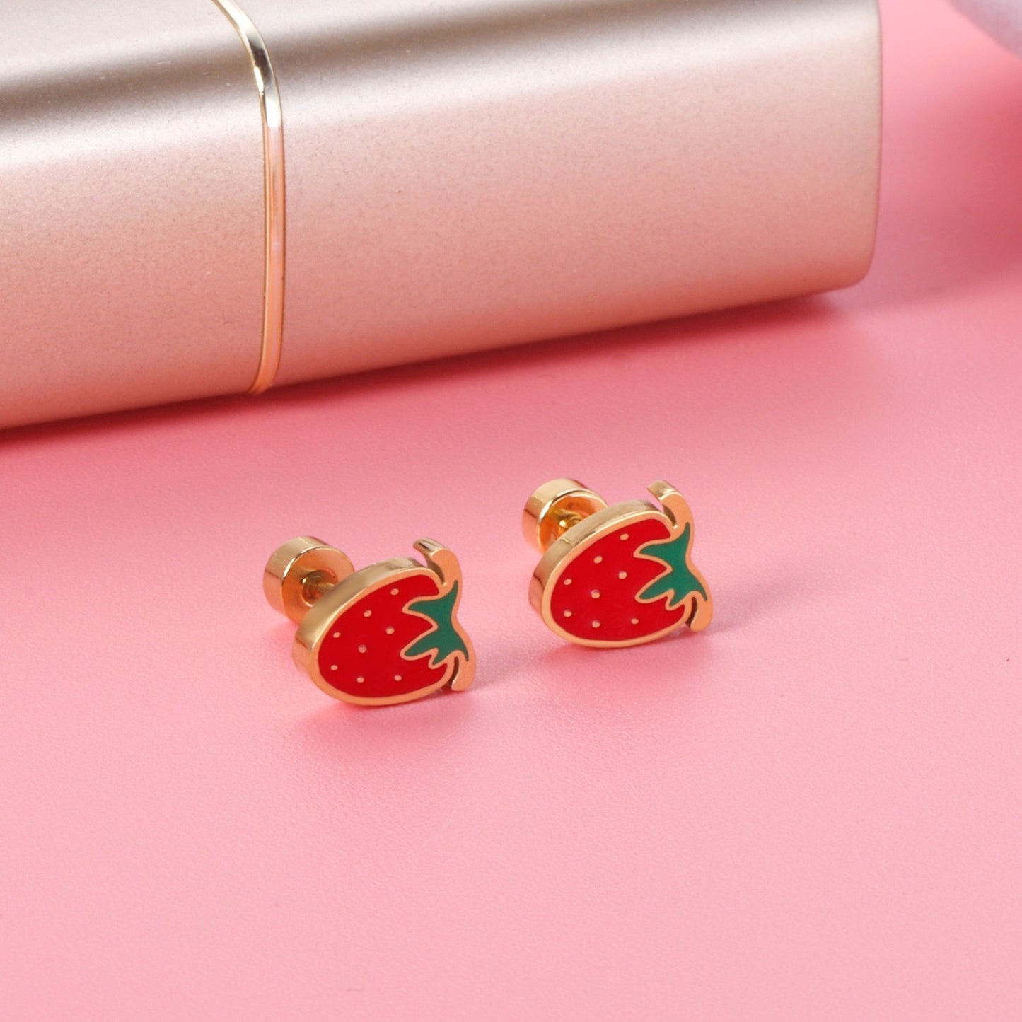 Cute Strawberry gold earrings packaging – gift-ready kids jewellery by Twisty Locks