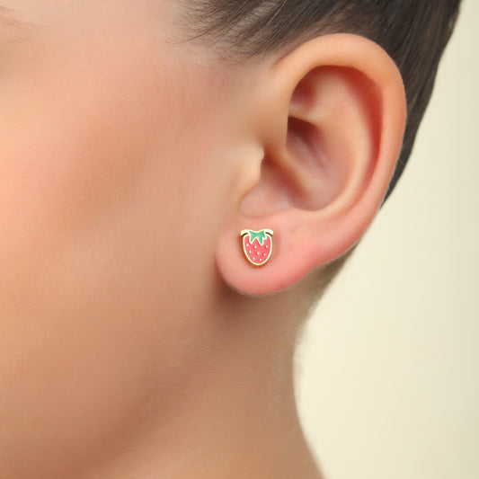 Cute Strawberry gold earrings detail – strawberry charm close-up by Twisty Locks