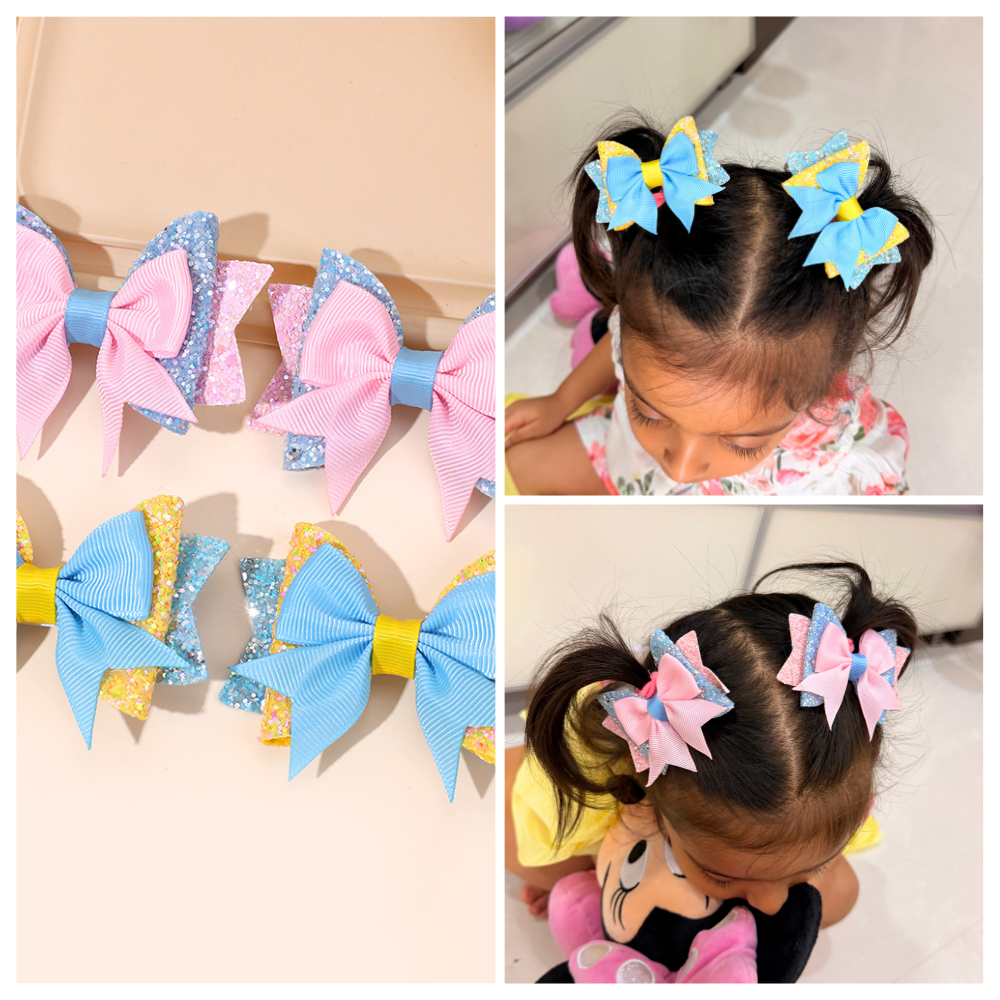 Pink and Blue Sparkly Bows - Set of 4 - Twisty Locks - Kids and Women Hair Accessories, Fashion Clothing and Jewellery India