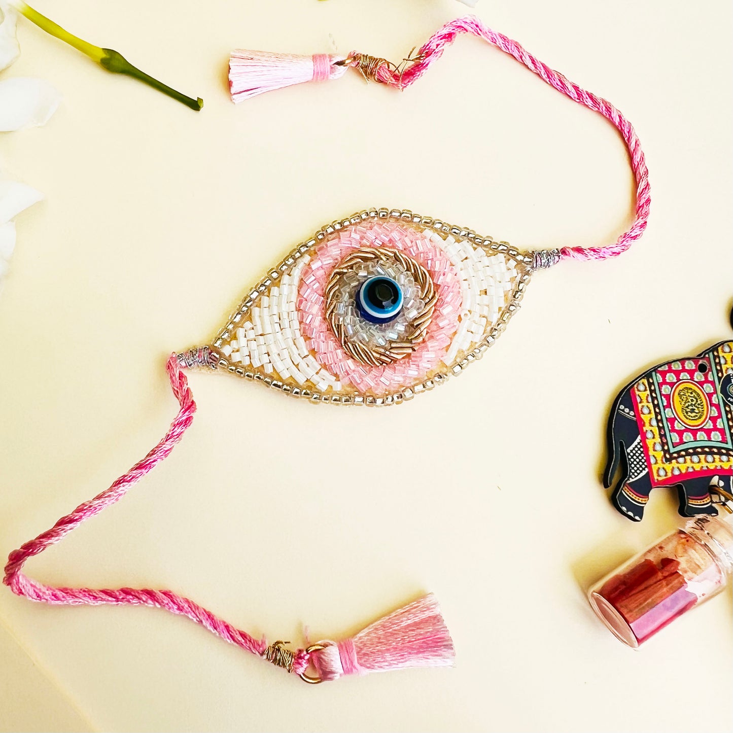 Evil Eye Embroidered Rakhi with Roli & Chawal - Big Pink - Twisty Locks - Kids Hair Accessories India