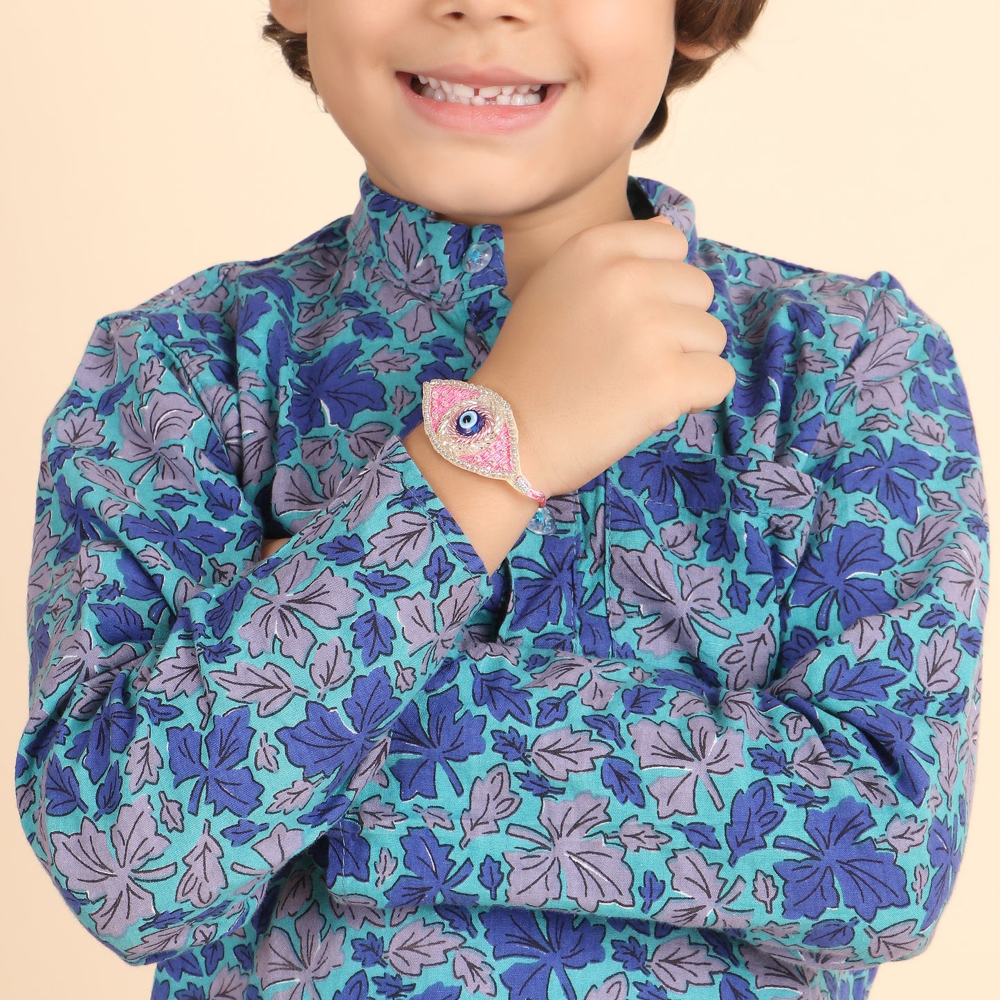 Evil Eye Embroidered Rakhi Combo with Roli & Chawal - Multicoloured - Twisty Locks - Kids Hair Accessories India