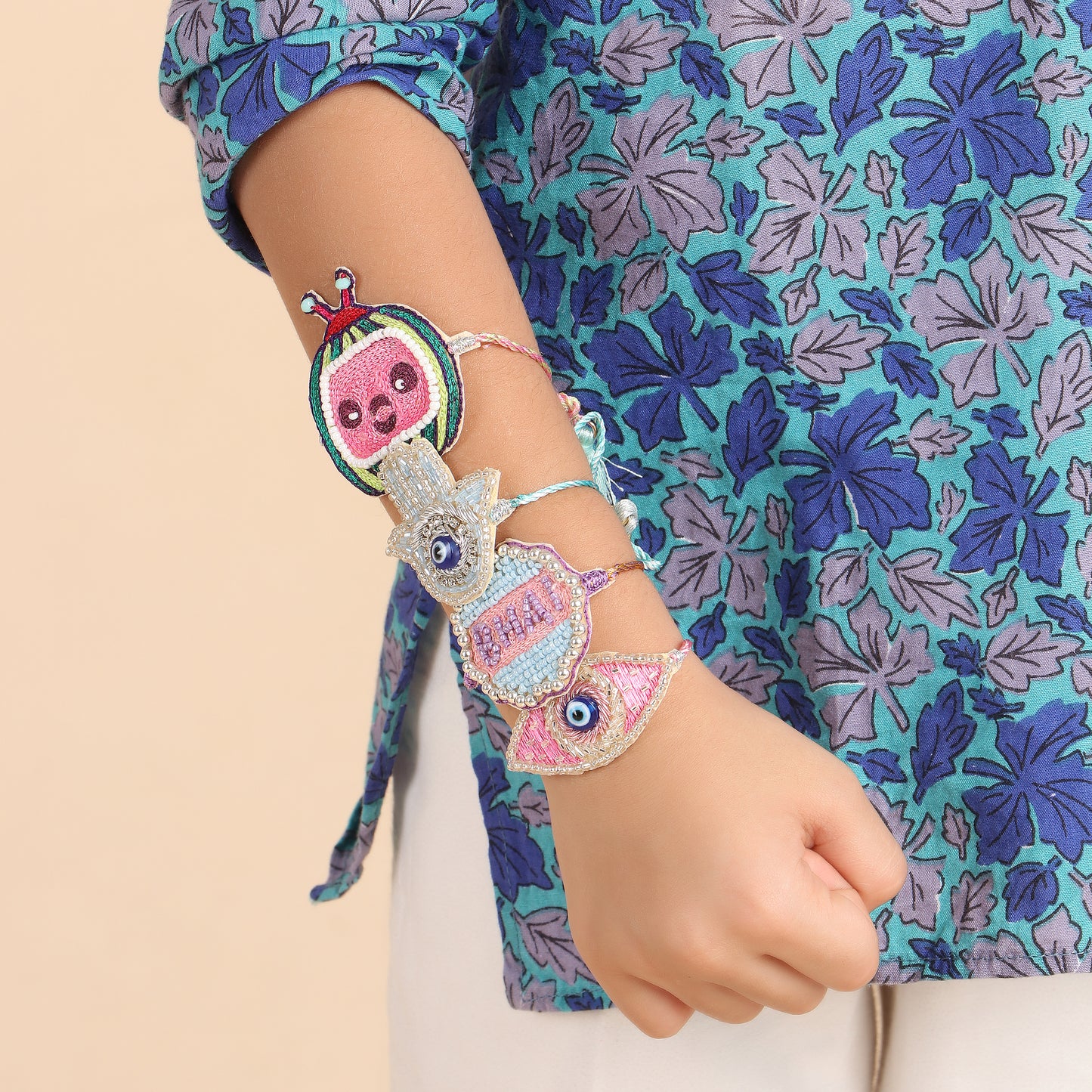 Evil Eye Embroidered Rakhi with Roli & Chawal - Big Pink - Twisty Locks - Kids Hair Accessories India