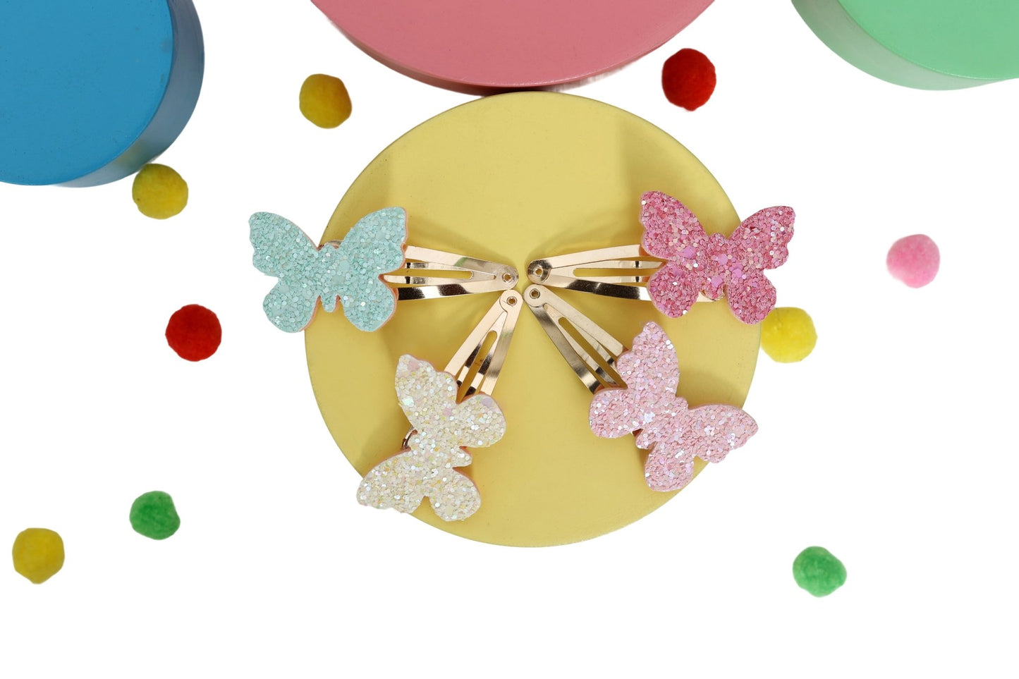 Glitter Butterfly Tic Tac Snap Pins - Set of 4 - Twisty Locks - Kids Hair Accessories India