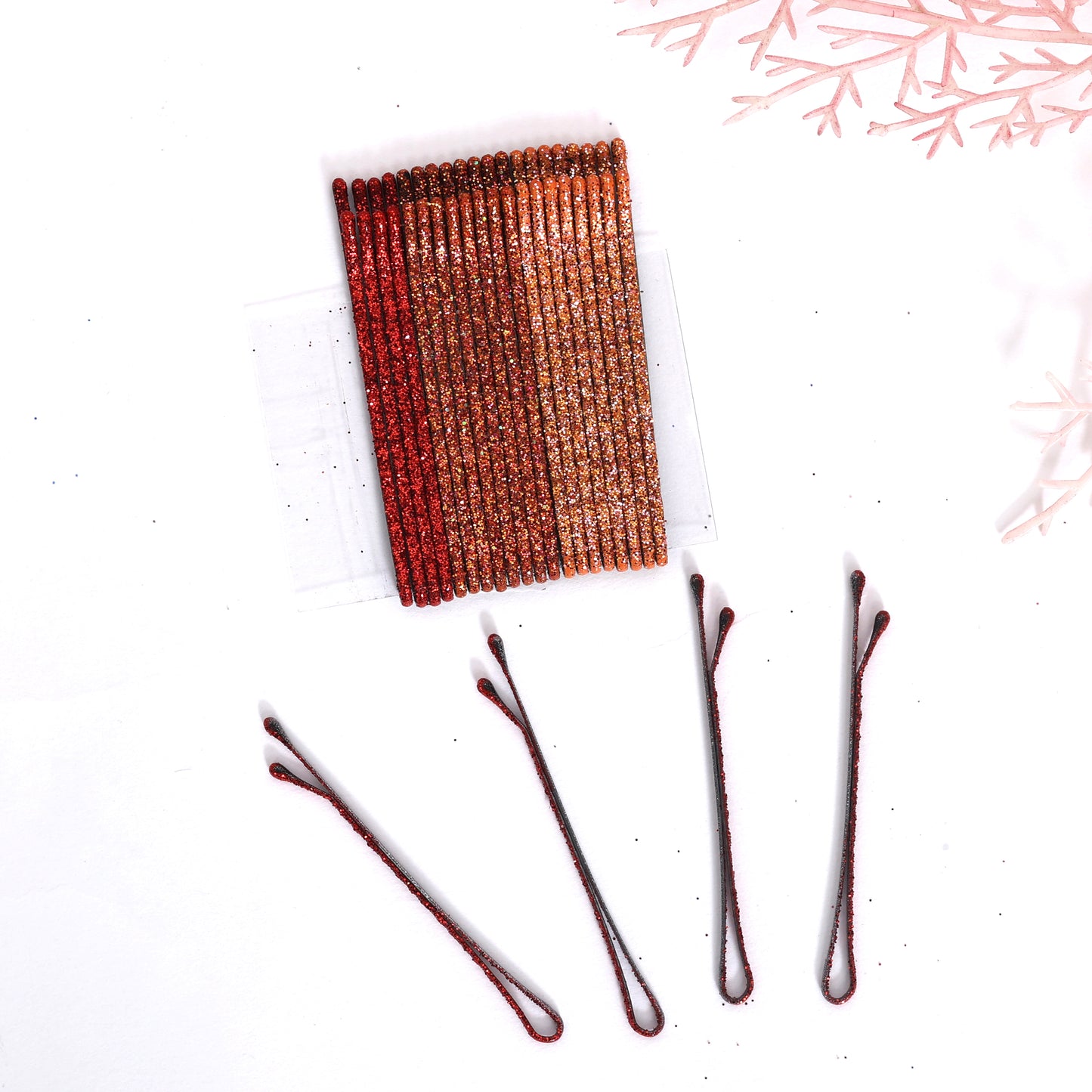 Glittery Bobby Pins - Set of 24 - Orange, Coral and Red - Twisty Locks - Kids and Women Hair Accessories, Fashion Clothing and Jewellery India