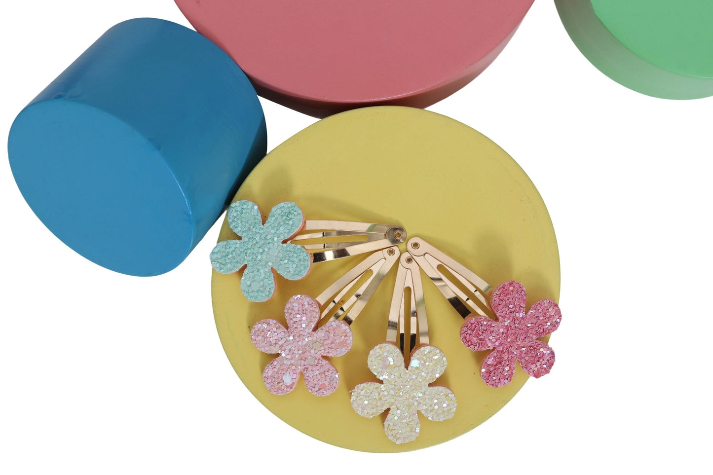 Glittery Flowers Tic Tac Snap Pins - Set of 4 - Twisty Locks - Kids and Women Hair Accessories, Fashion Clothing and Jewellery India