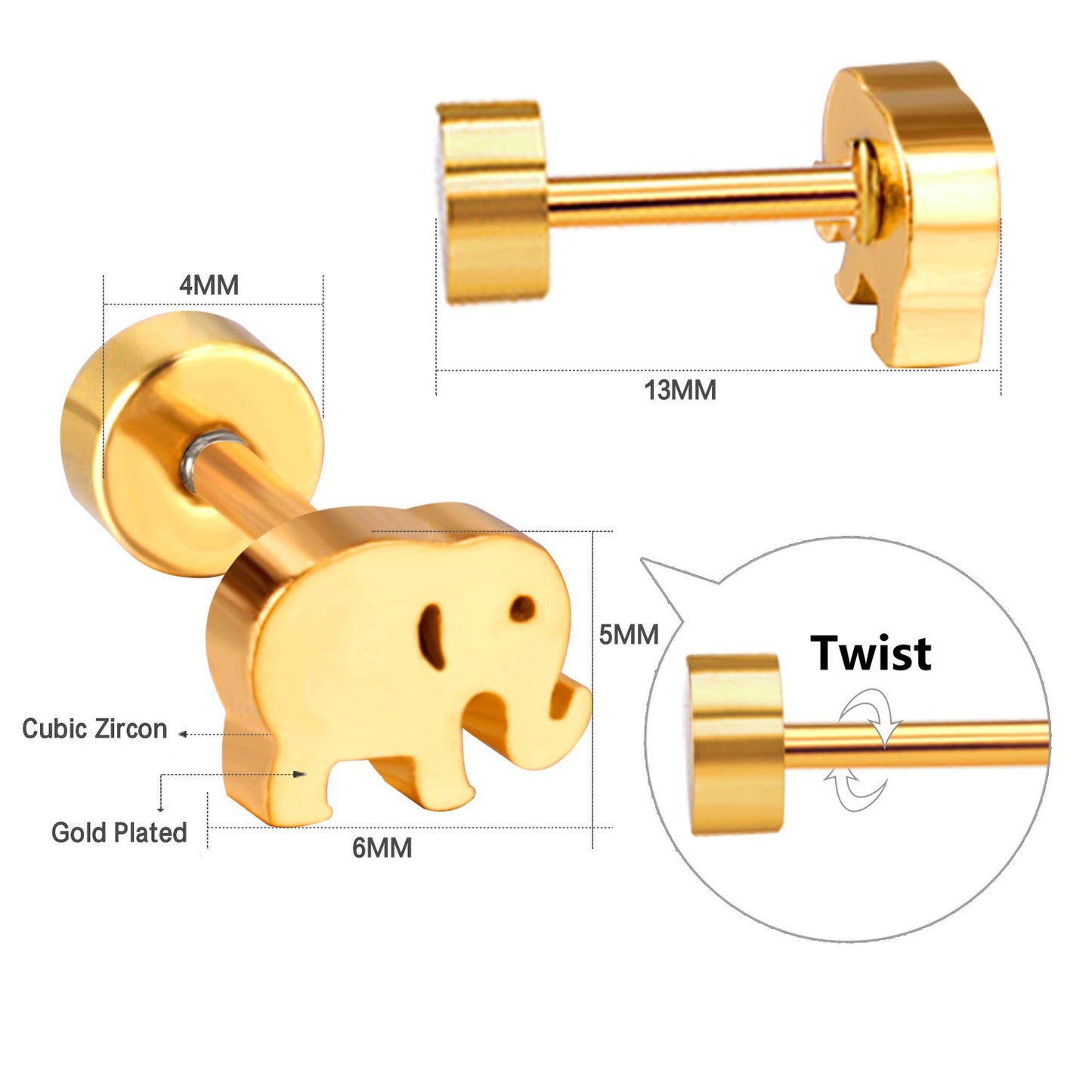 Gold Elephant gold earrings pair view – 18K gold plated by Twisty Locks