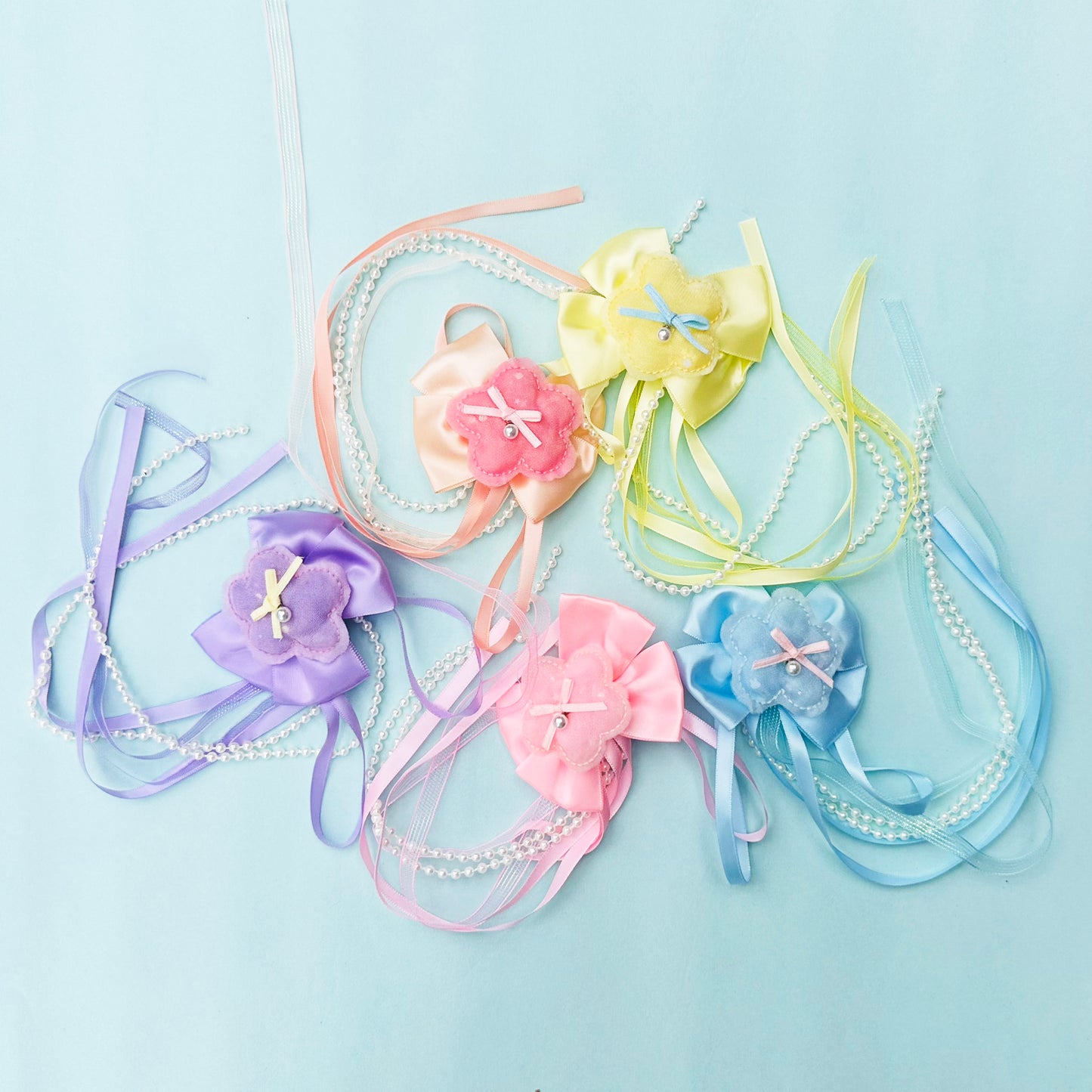 Peach Ribbon & Pearl Tail Flower Bows - Set of 2