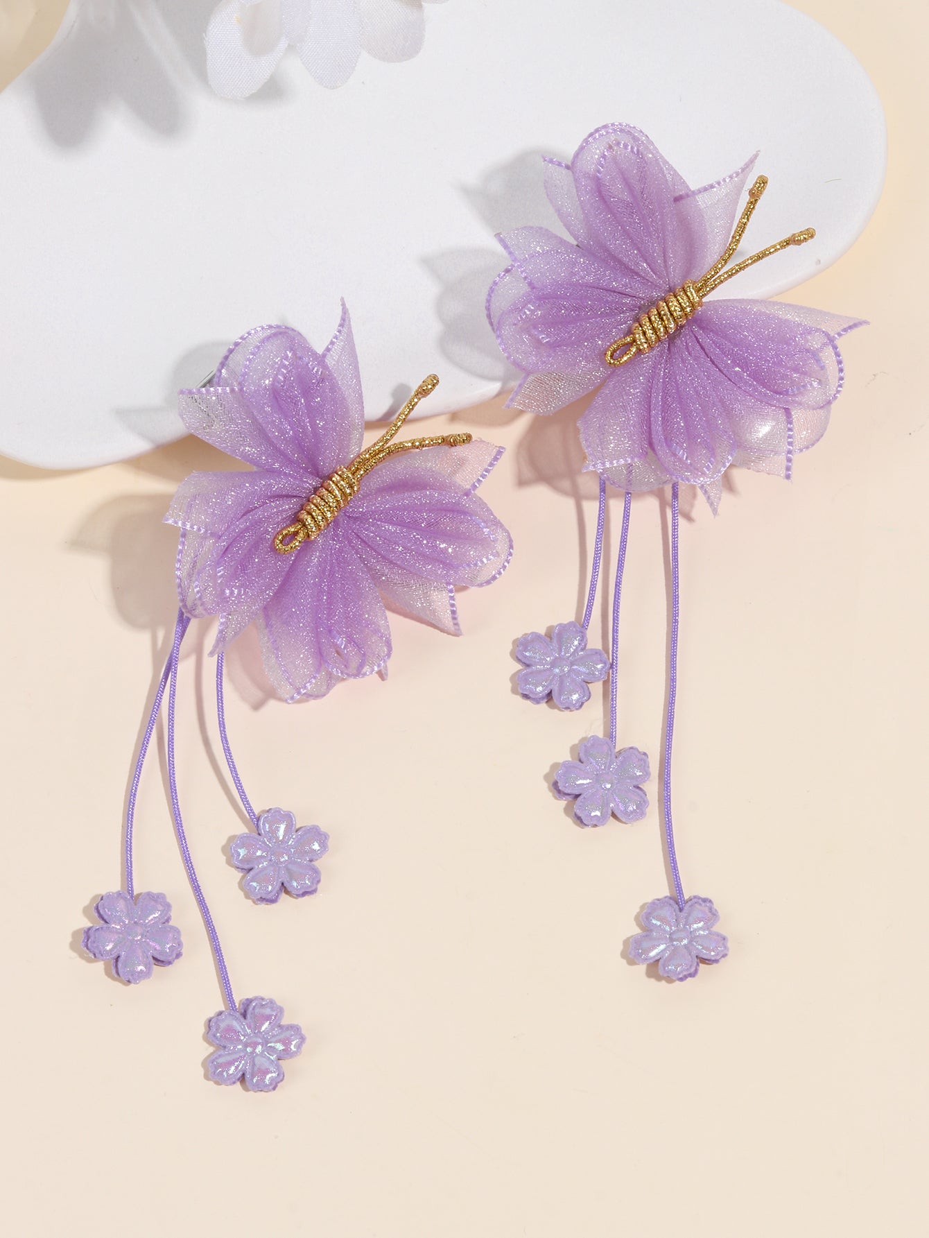 Lavender Organza Butterfly Clips with Floral Tail - Set of 2 - Twisty Locks - Kids and Women Hair Accessories, Fashion Clothing and Jewellery India