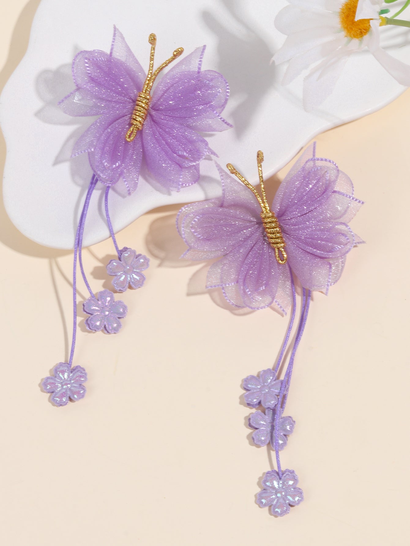 Lavender Organza Butterfly Clips with Floral Tail - Set of 2 - Twisty Locks - Kids and Women Hair Accessories, Fashion Clothing and Jewellery India