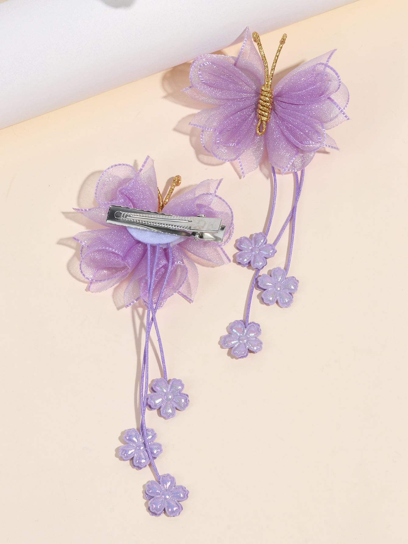Lavender Organza Butterfly Clips with Floral Tail - Set of 2 - Twisty Locks - Kids and Women Hair Accessories, Fashion Clothing and Jewellery India