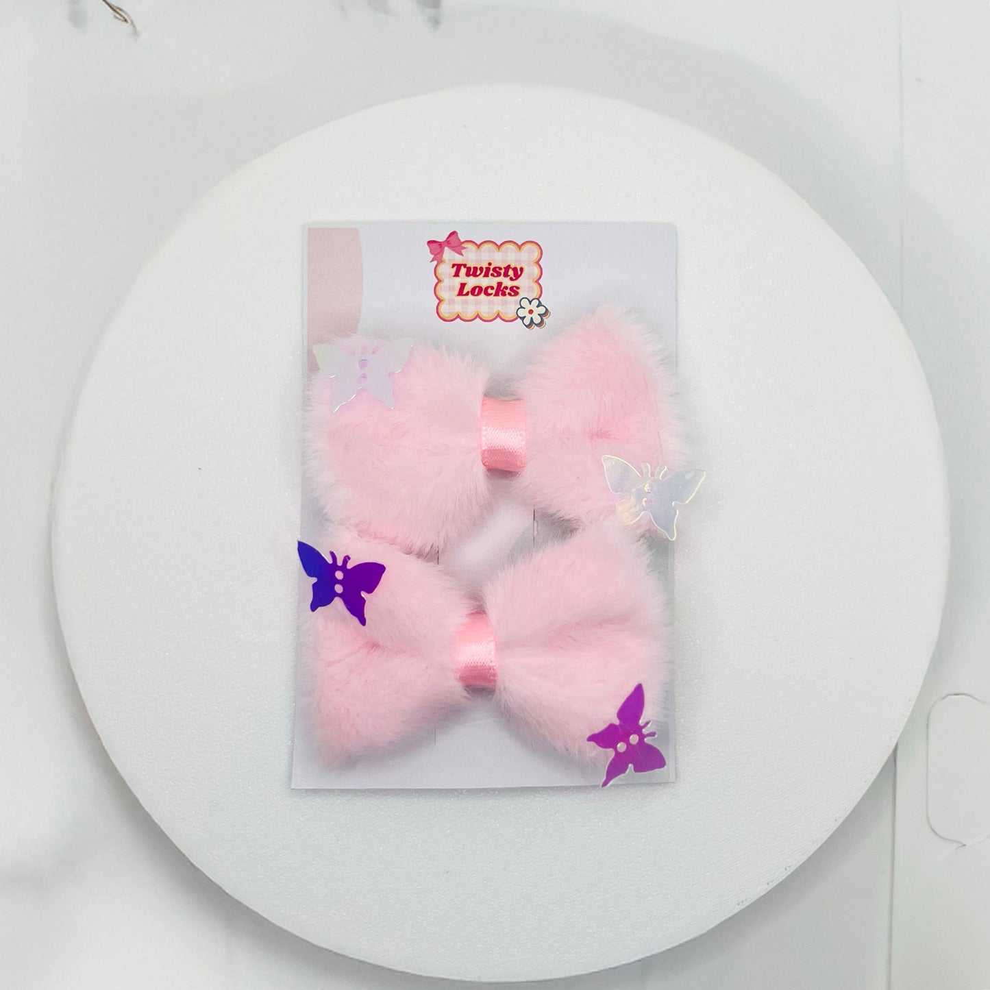 Light Pink Furry Bow Clips - Set of 2 - Twisty Locks - Kids and Women Hair Accessories, Fashion Clothing and Jewellery India