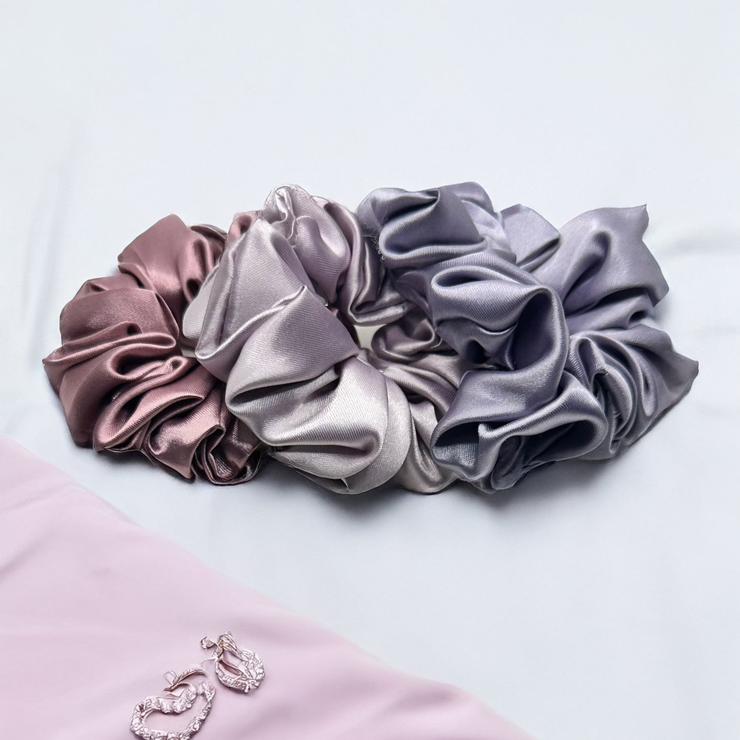 Luxury Silk Satin Scrunchies - Rose - Set of 3 - Twisty Locks - Kids and Women Hair Accessories, Fashion Clothing and Jewellery India
