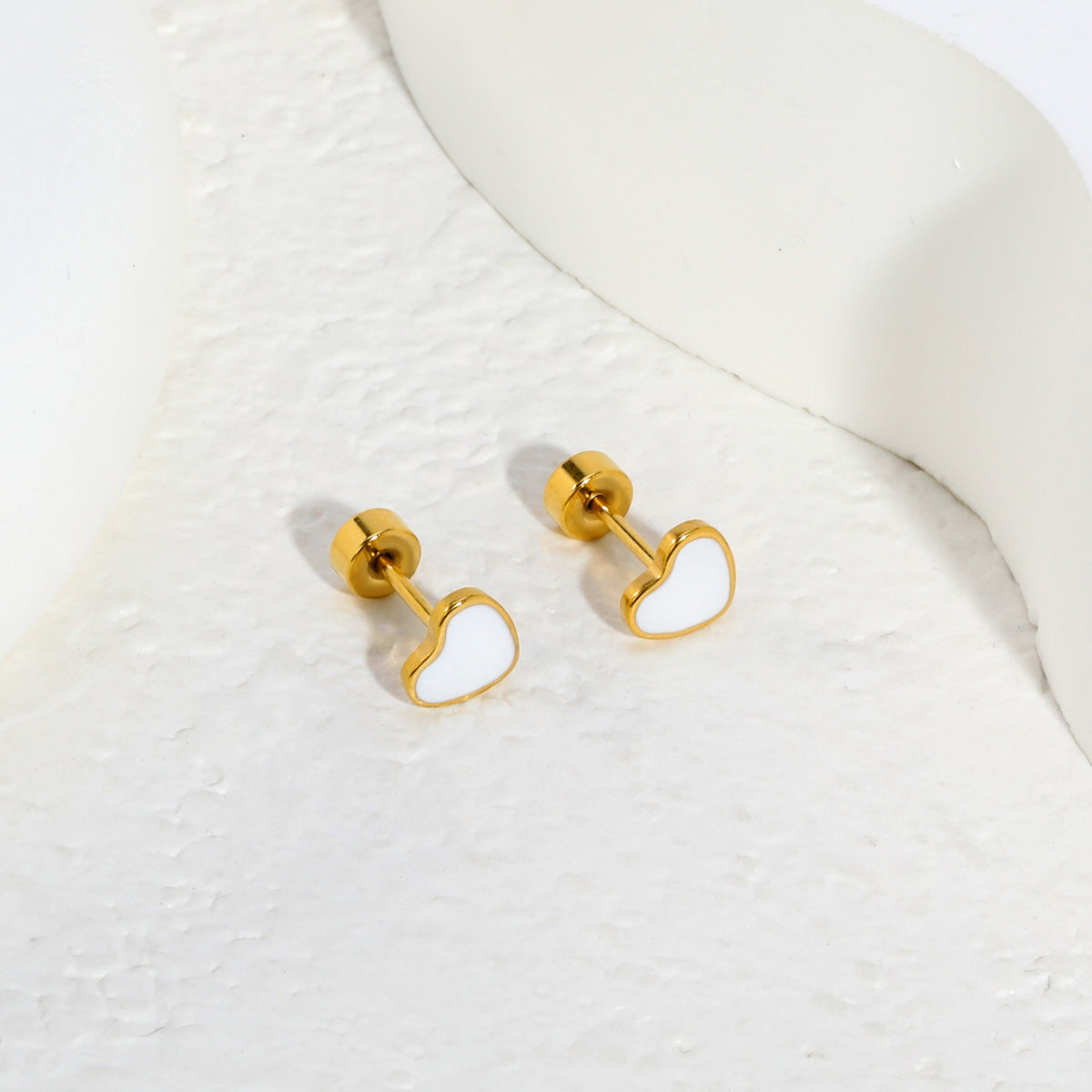 White Heart 18K gold plated children's earrings flat lay – Twisty Locks