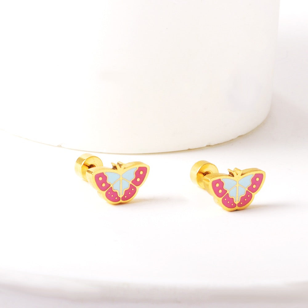 Pink Butterfly gold earrings packaging – gift-ready children's earrings by Twisty Locks