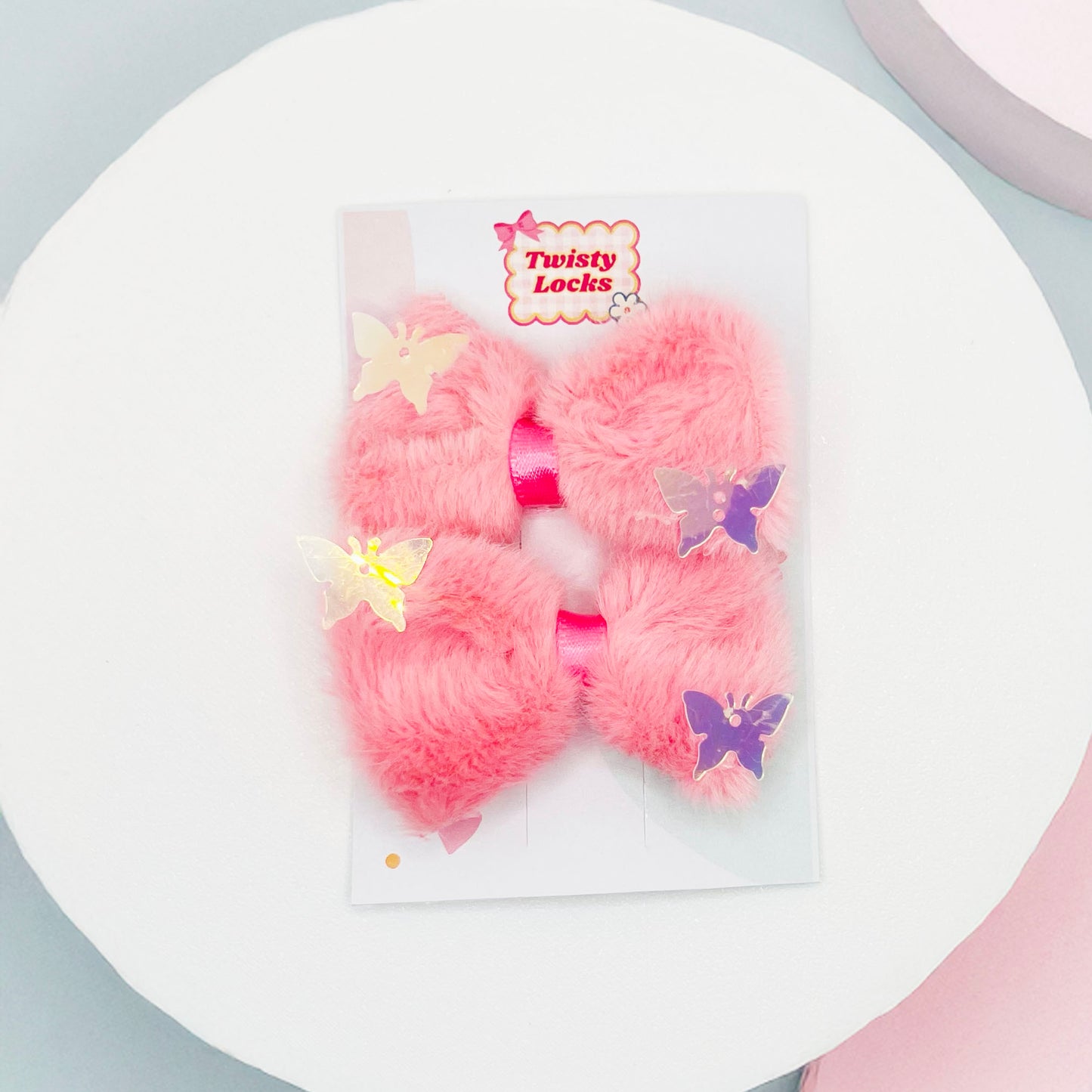 Pink Furry Bow Clips - Set of 2 - Twisty Locks - Kids and Women Hair Accessories, Fashion Clothing and Jewellery India
