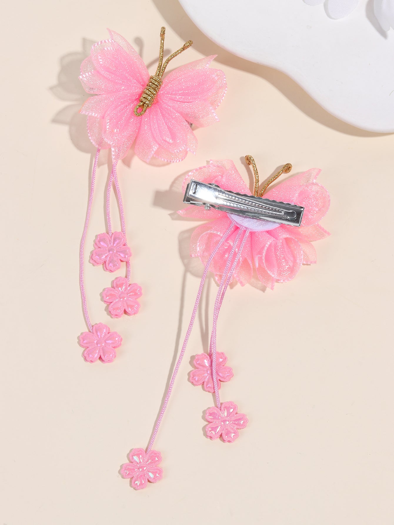 Pink Organza Butterfly Clips with Floral Tail - Set of 2 - Twisty Locks - Kids and Women Hair Accessories, Fashion Clothing and Jewellery India