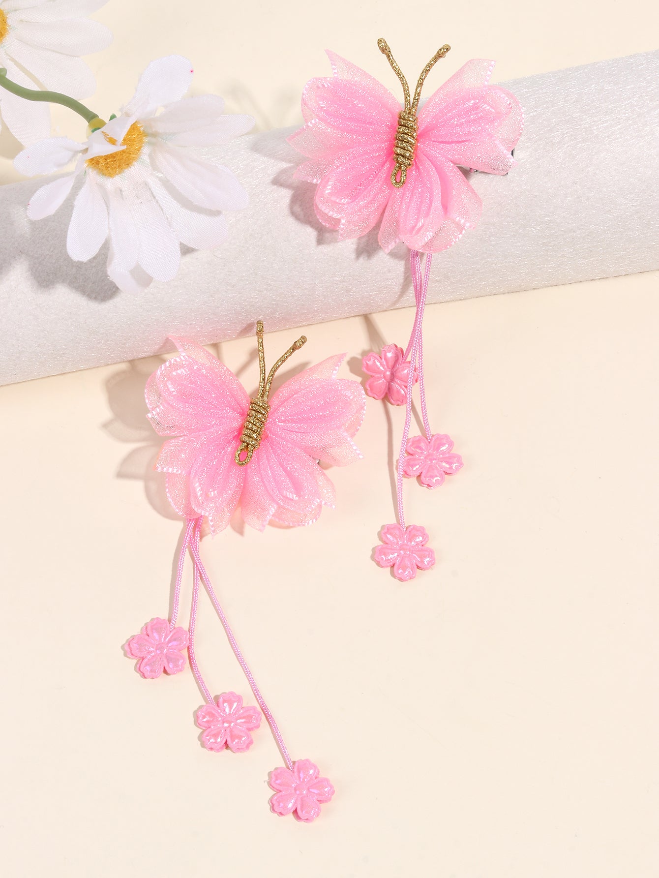 Pink Organza Butterfly Clips with Floral Tail - Set of 2 - Twisty Locks - Kids and Women Hair Accessories, Fashion Clothing and Jewellery India