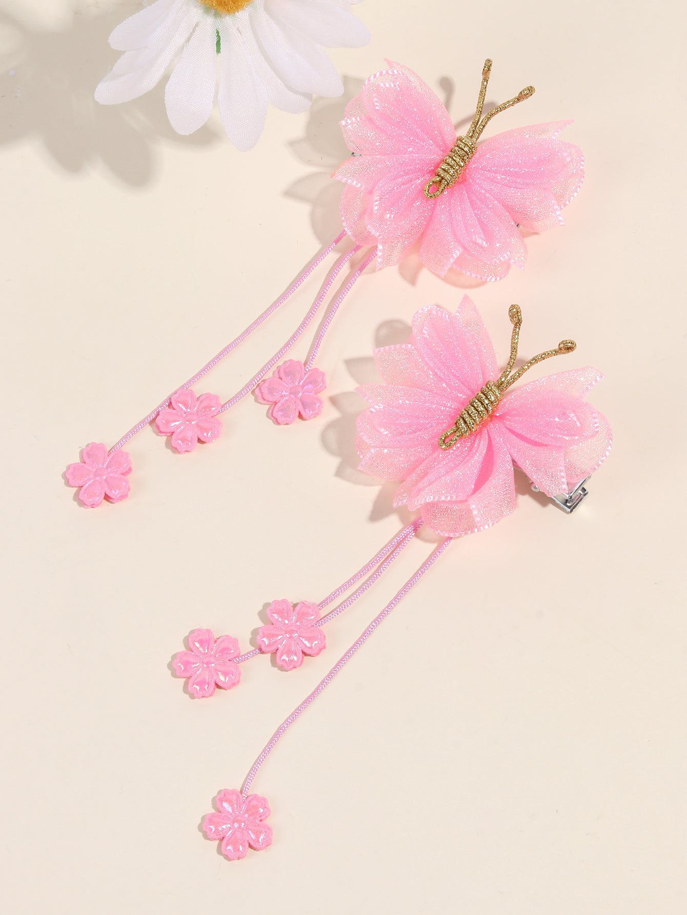 Pink Organza Butterfly Clips with Floral Tail - Set of 2 - Twisty Locks - Kids and Women Hair Accessories, Fashion Clothing and Jewellery India