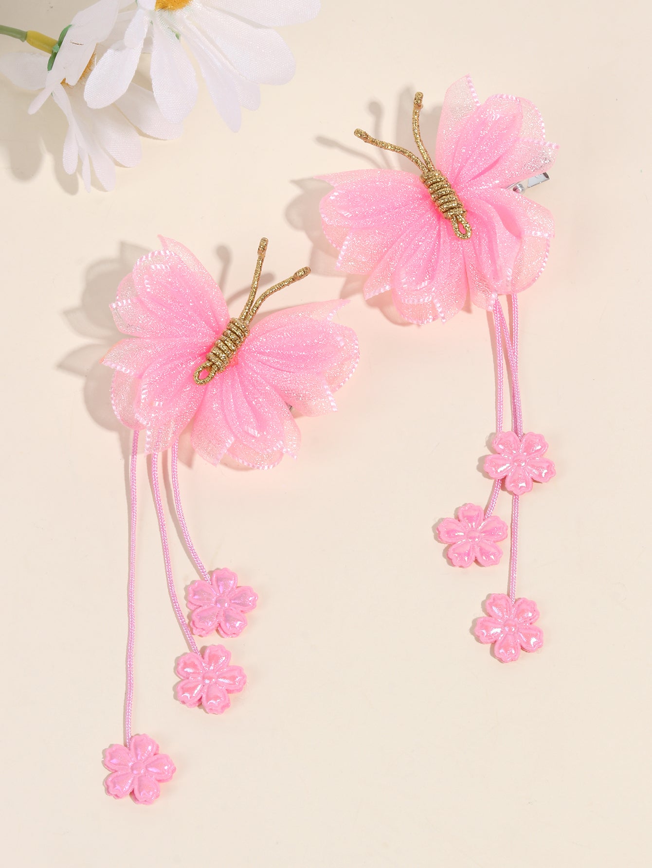 Pink Organza Butterfly Clips with Floral Tail - Set of 2 - Twisty Locks - Kids and Women Hair Accessories, Fashion Clothing and Jewellery India