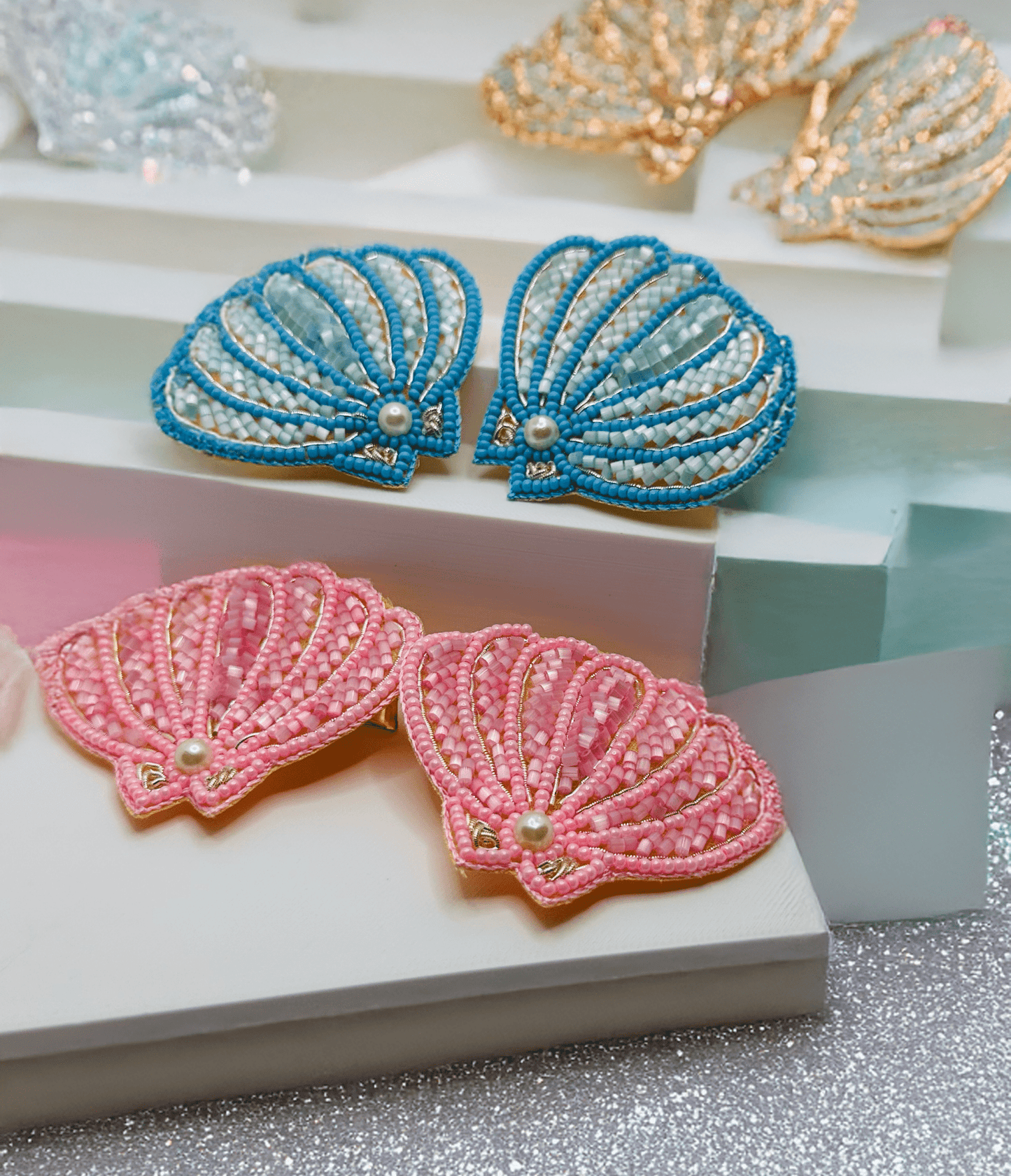 Pink Seashell Embroidered Hair Clips Set - Twisty Locks - Kids and Women Hair Accessories, Fashion Clothing and Jewellery India