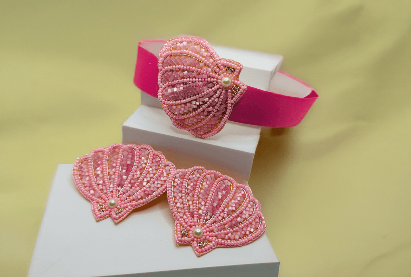 Pink Seashell Embroidered Hair Clips Set - Twisty Locks - Kids and Women Hair Accessories, Fashion Clothing and Jewellery India