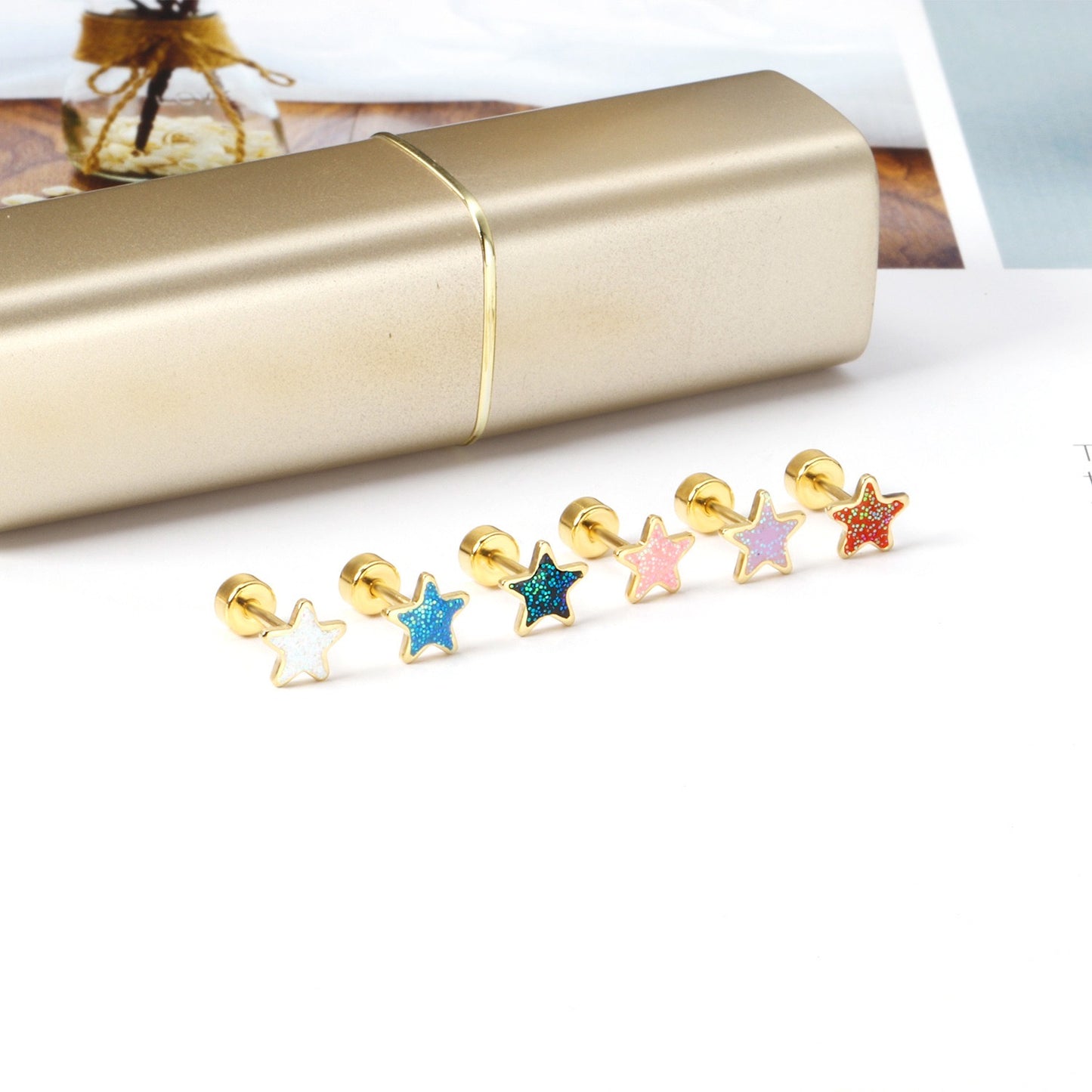 Lavender Star gold earrings pair view – 18K gold plated by Twisty Locks