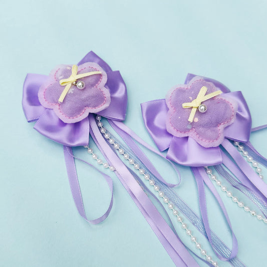 Purple Ribbon & Pearl Tail Flower Bows - Set of 2 - Twisty Locks - Kids and Women Hair Accessories, Fashion Clothing and Jewellery India