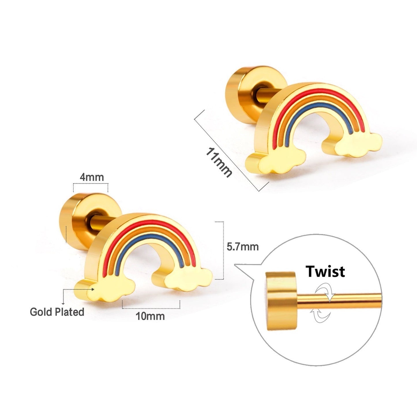 Rainbow Cloud gold earrings pair view – 18K gold plated children's earrings Twisty Locks
