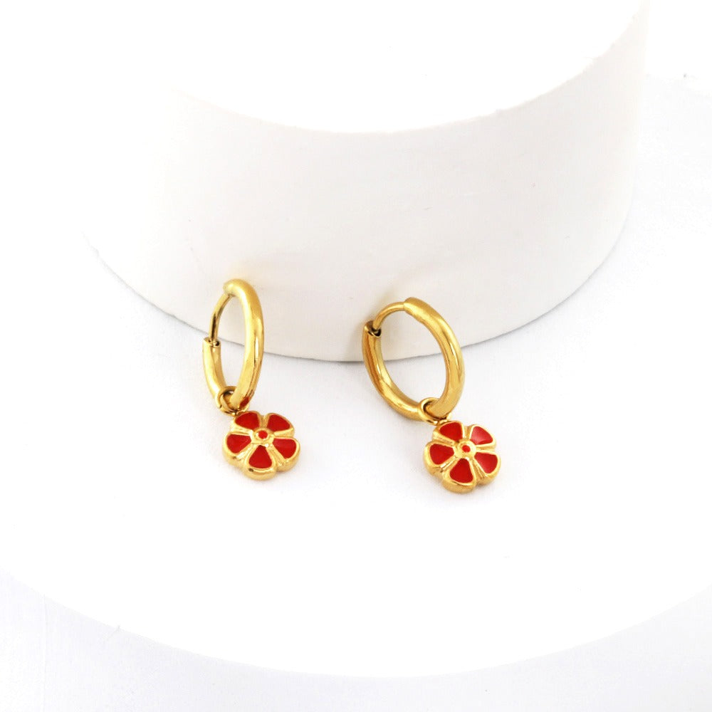 Red Flower Hoops gold earrings angled view – skin safe kids jewellery by Twisty Locks