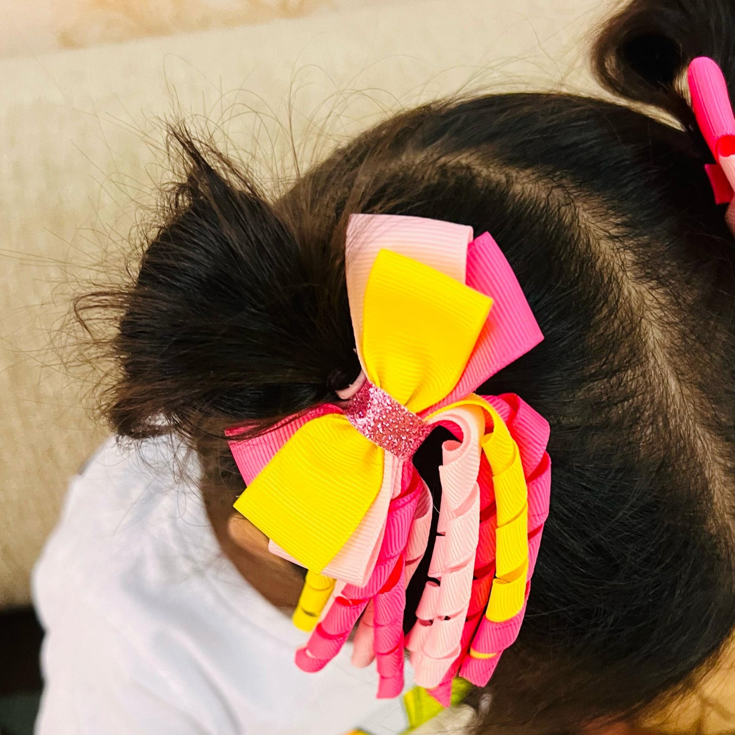 Ribbons Bow Hair Clips - Yellow & Pink - Set of 2 - Twisty Locks - Kids and Women Hair Accessories, Fashion Clothing and Jewellery India