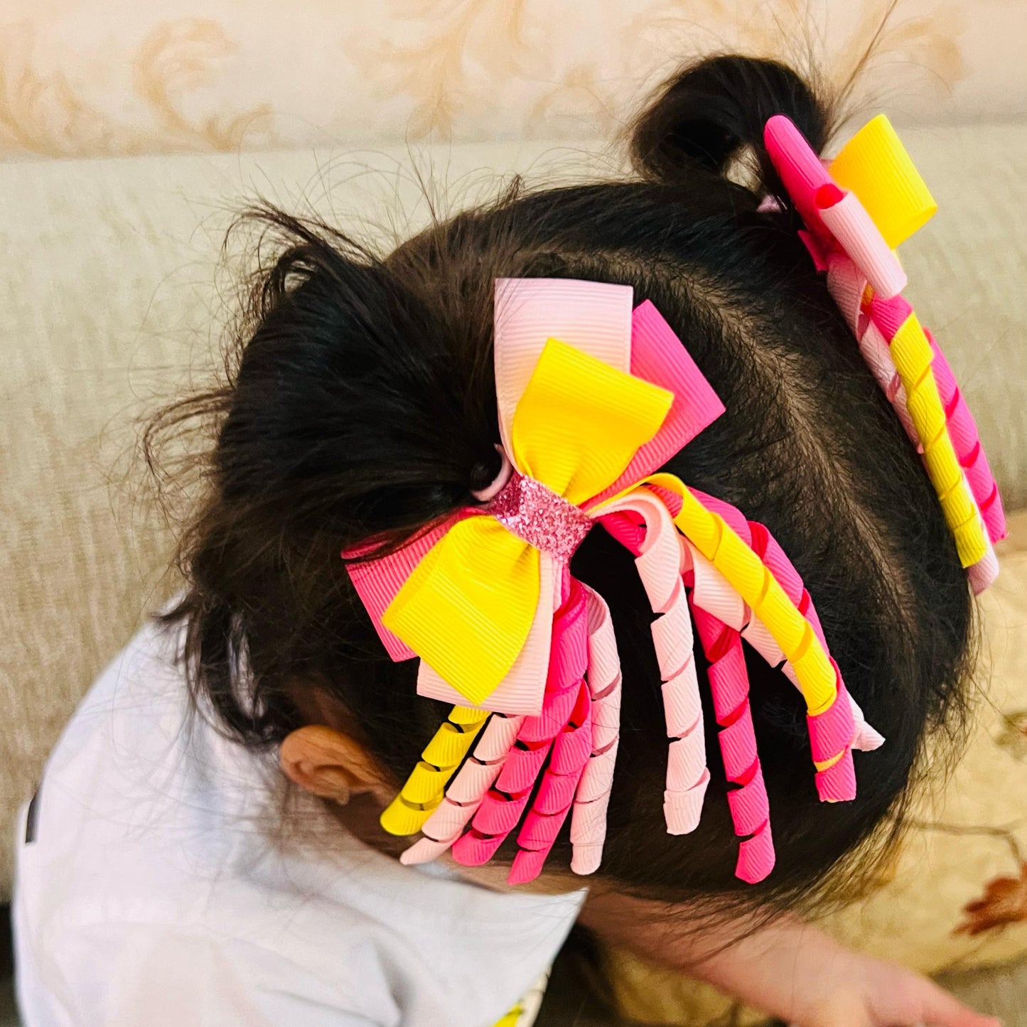 Ribbons Bow Hair Clips - Yellow & Pink - Set of 2 - Twisty Locks - Kids and Women Hair Accessories, Fashion Clothing and Jewellery India