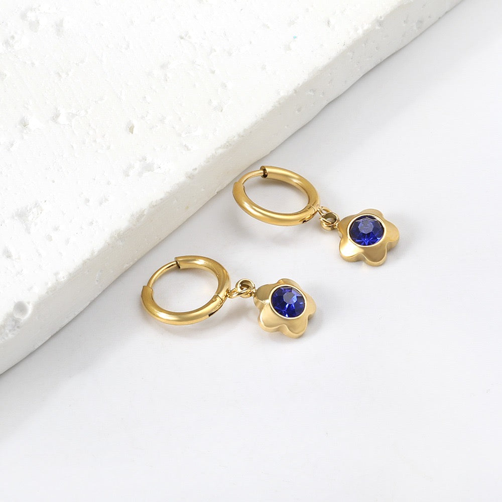 Sapphire Flower Hoops gold earrings side angle – poke free kids jewellery by Twisty Locks