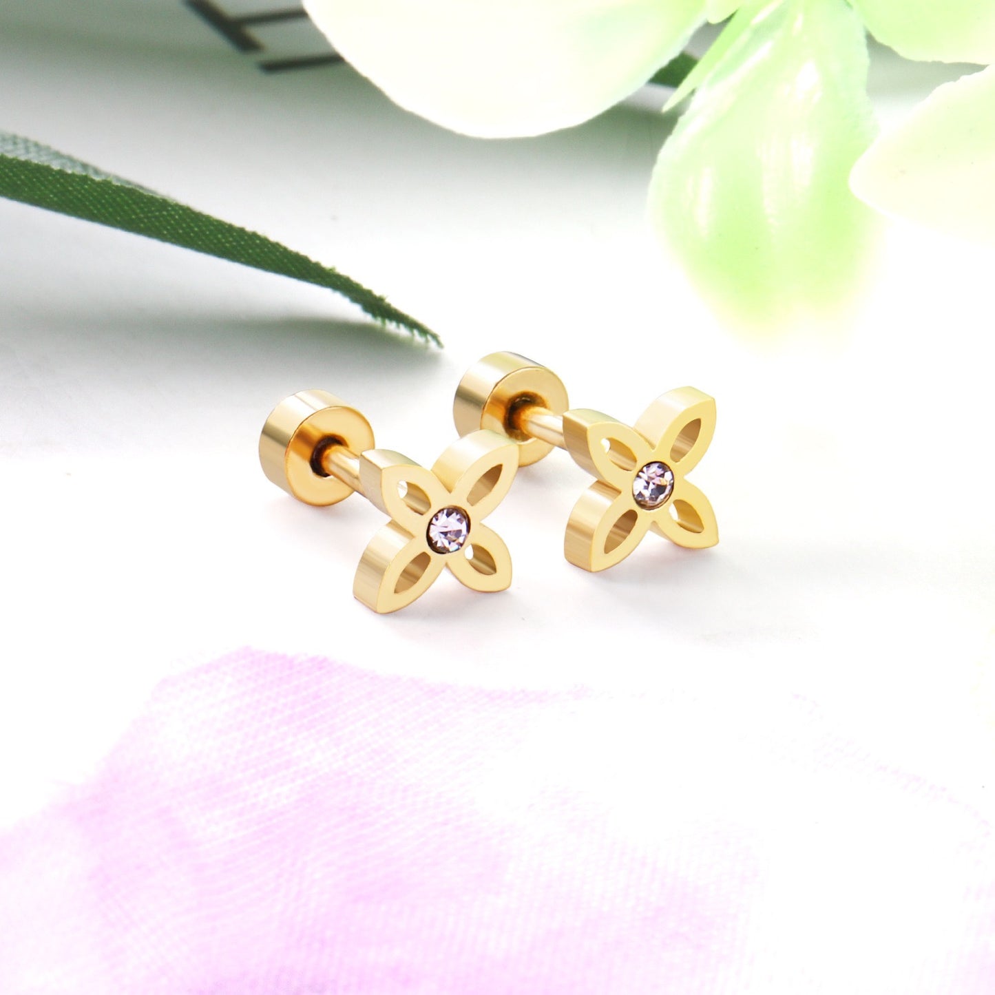 Sparkle Flower gold earrings flat lay – poke free kids jewellery by Twisty Locks