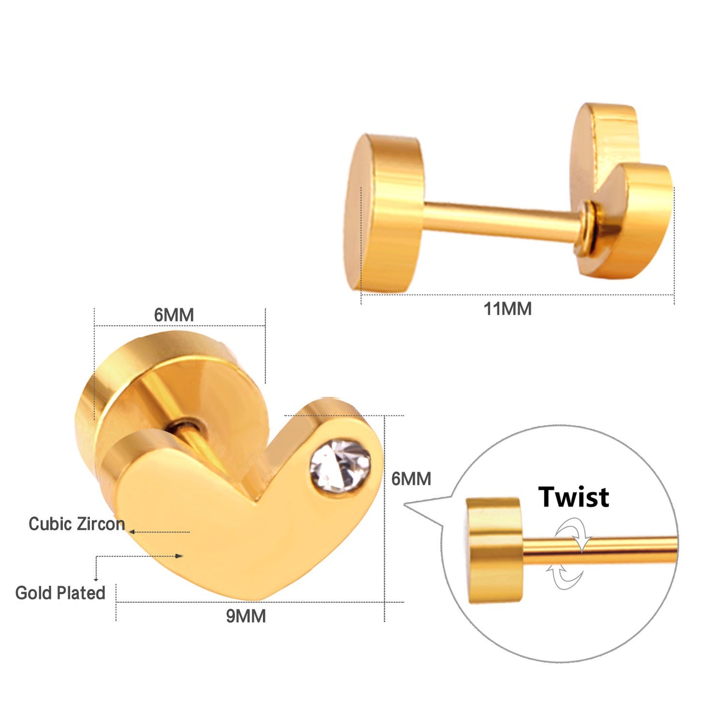 Sparkle Heart 18K Gold Plated Children's Earrings - Twisty Locks - Kids and Women Hair Accessories, Fashion Clothing and Jewellery India