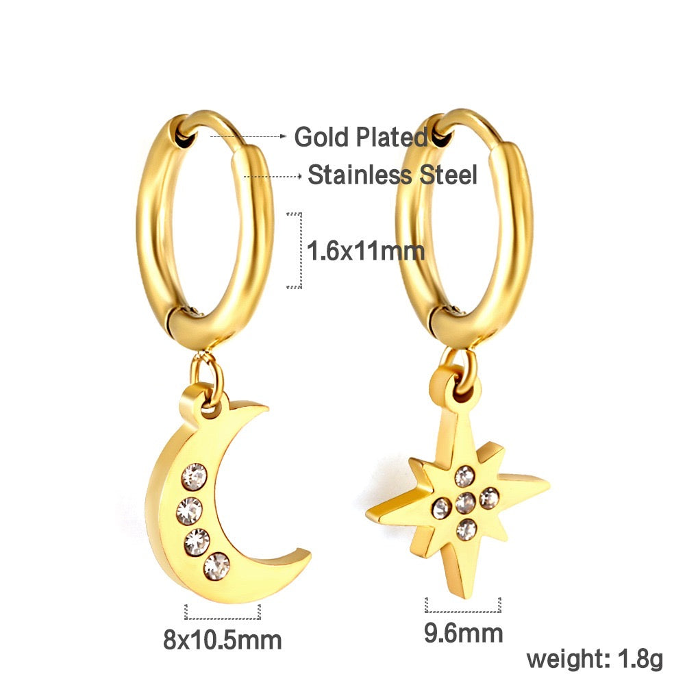 Sparkle Sun & Moon Hoops flat lay – 18K gold plated by Twisty Locks
