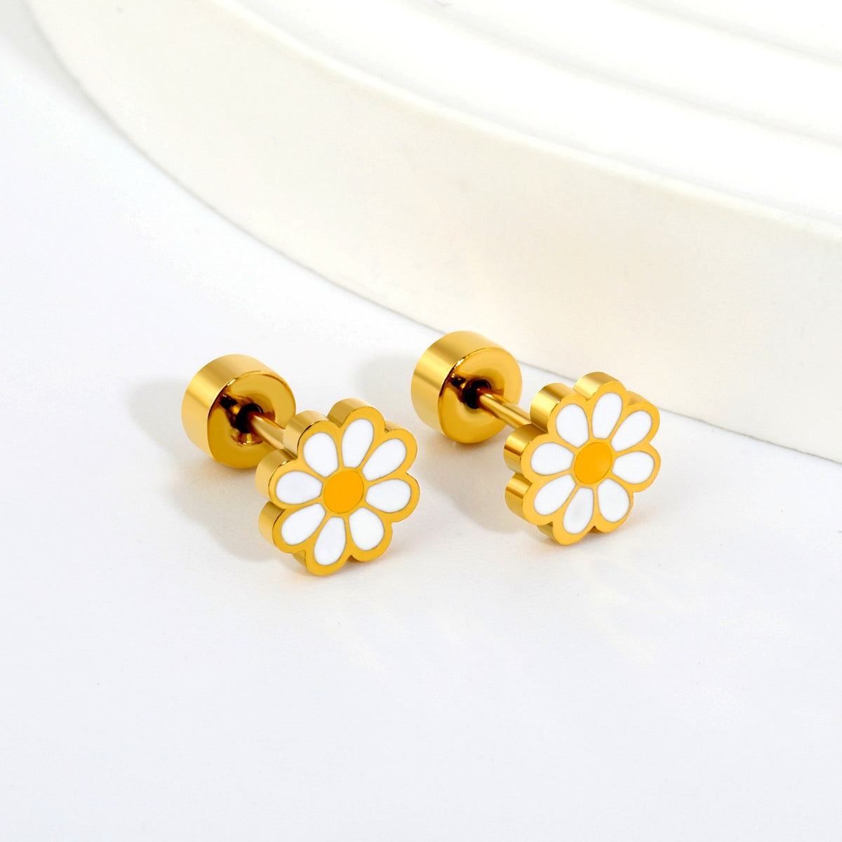 White Daisy gold earrings packaging – gift-ready children's earrings by Twisty Locks