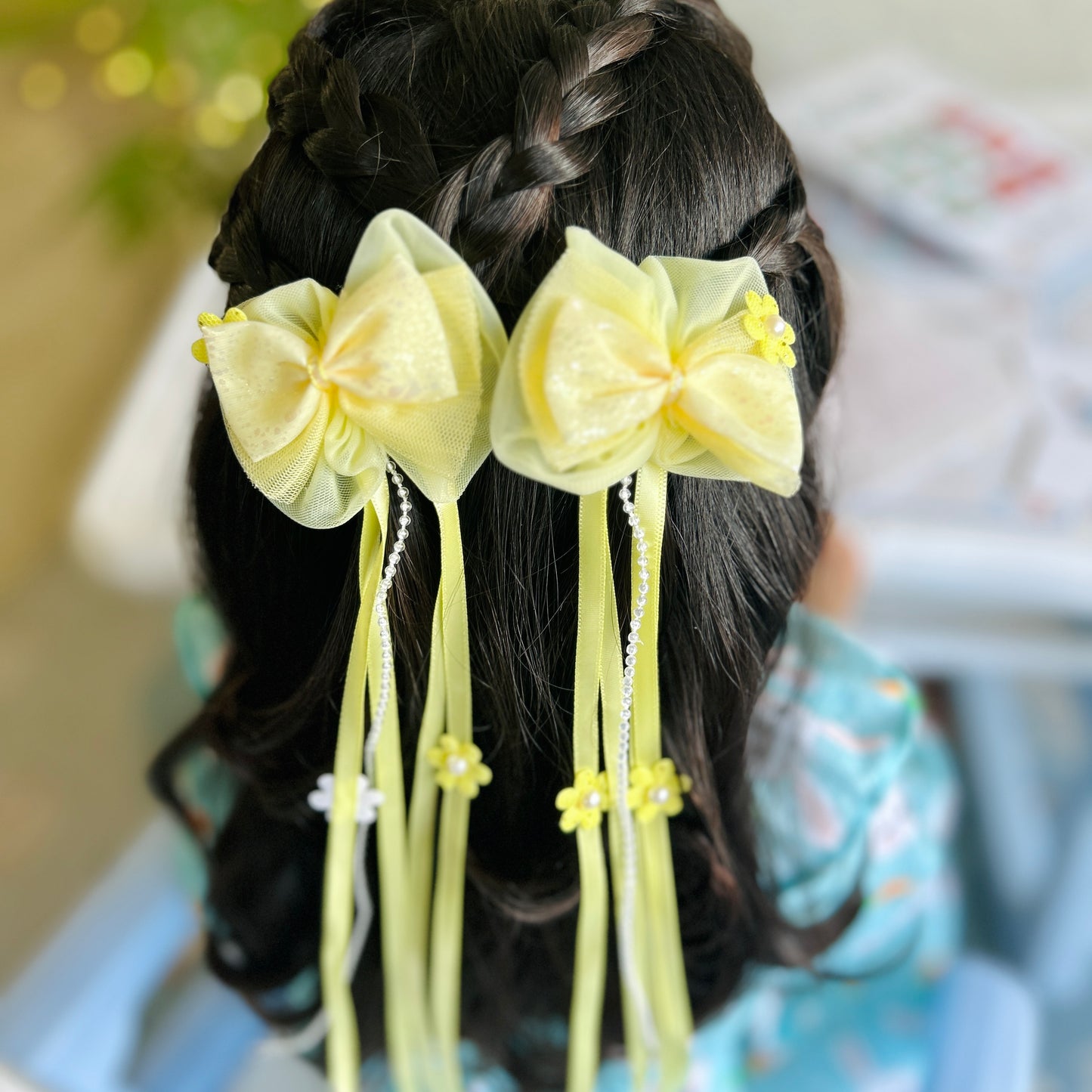 Yellow Ribbon & Pearl Tail Bows - Set of 2 - Twisty Locks - Kids and Women Hair Accessories, Fashion Clothing and Jewellery India